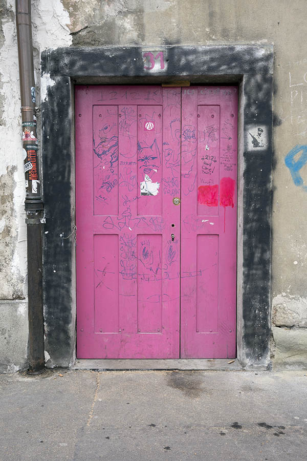 Photo 23824: Worn, panelled, violet door with sidepiece