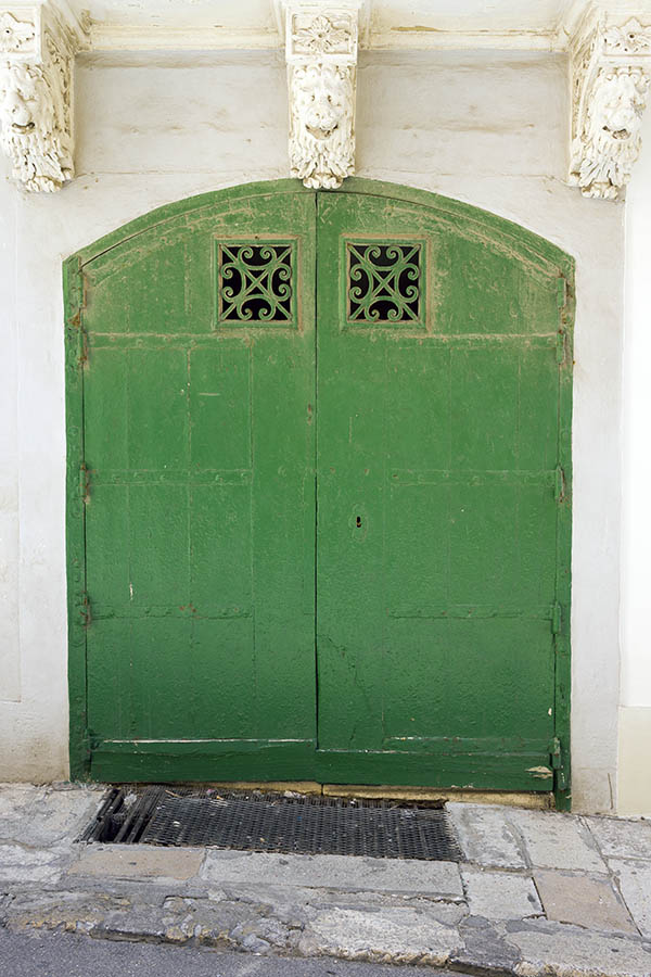 Photo 24112: Formed, green gate of planks with latticed door windows
