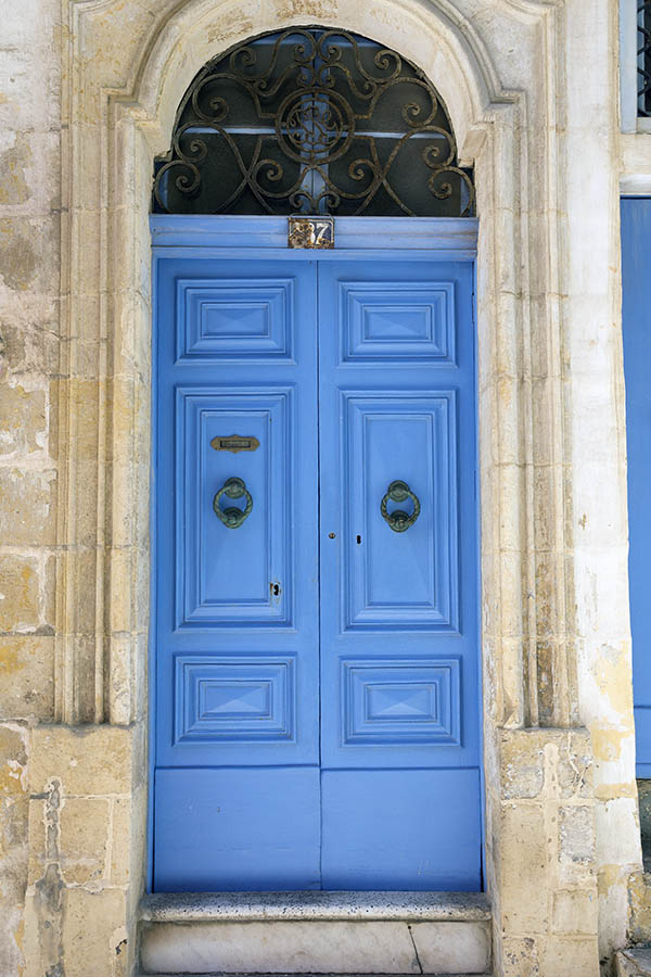 Photo 24172: Panelled, carved, blue double door with latticed fan light