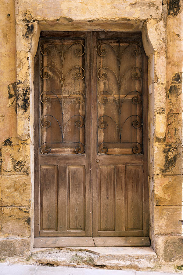 Photo 24264: Worn, panelled, unpainted double door with large, latticed door lights.