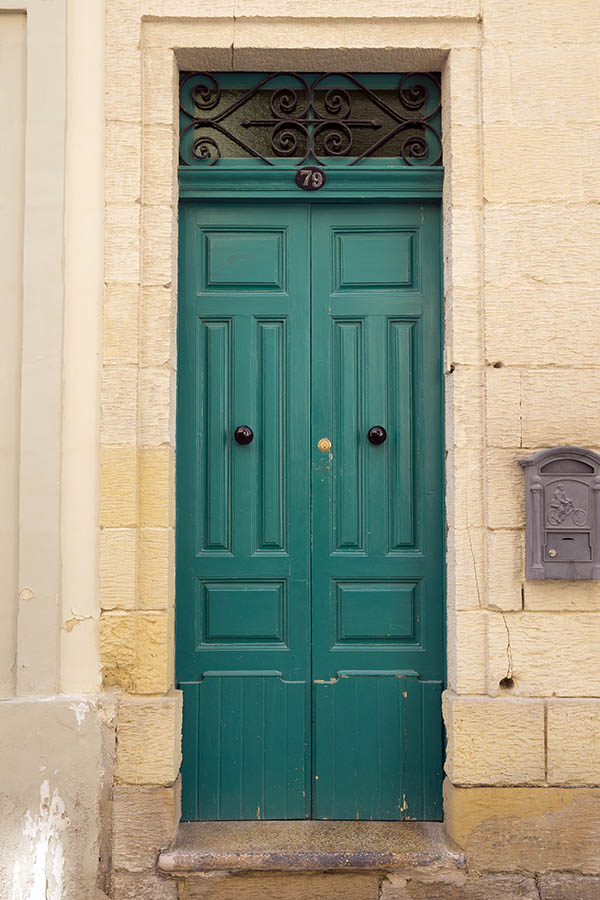 Photo 24291: Narrow, panelled, green double door with latticed top window