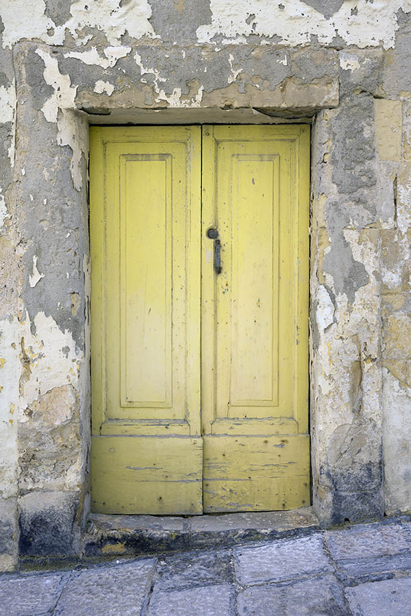 Photo 24292: Worn, panelled, yellow double door
