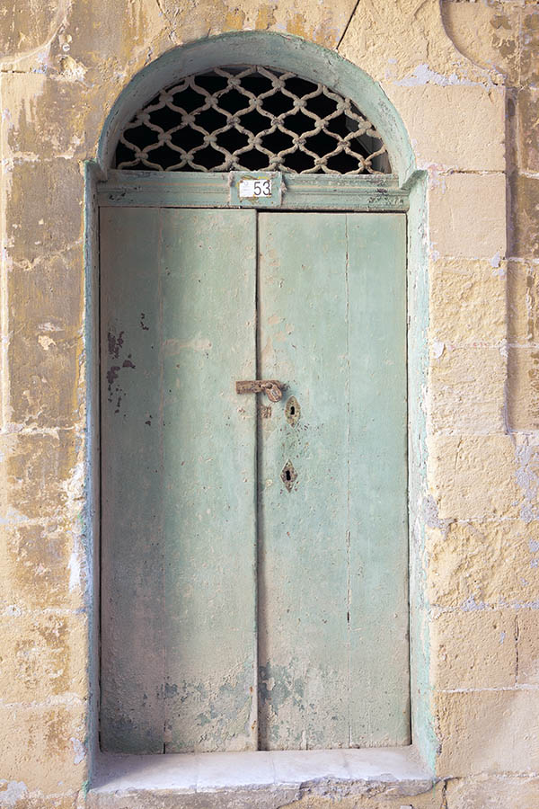 Photo 24311: Worn, light green double door made of boards with latticed fan light