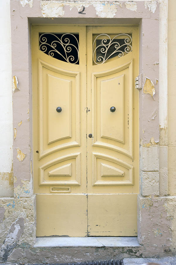 Photo 24323: Panelled, carved, light yellow double door with latticed, formed door lights