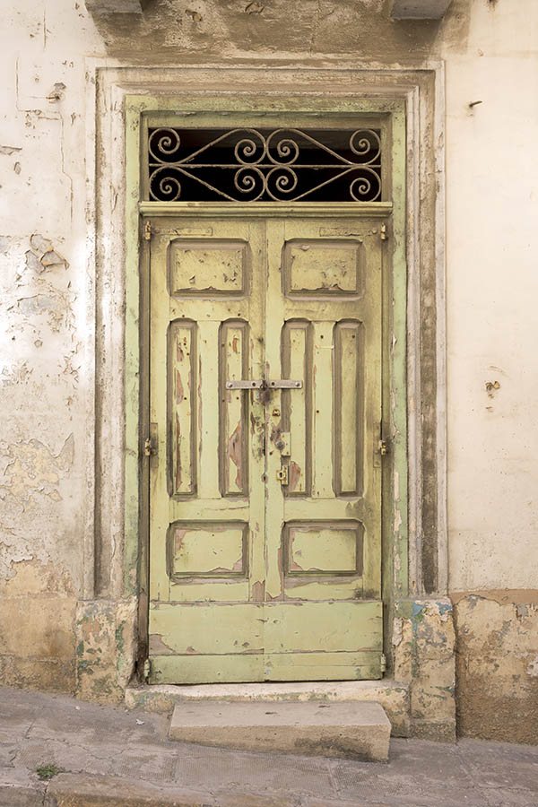 Photo 24330: Worn, panelled, carved, light green double door with latticed top window