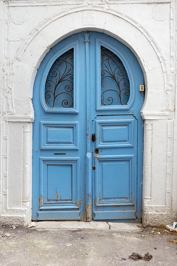 Photo 24515: Lopsided, formed, light blue gate with latticed door lights and minor door