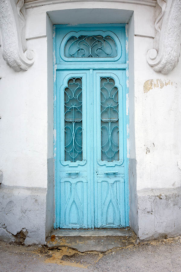 Photo 24534: Narrow, panelled, formed, light blue double door with latticed door lights and formed, latticed top w