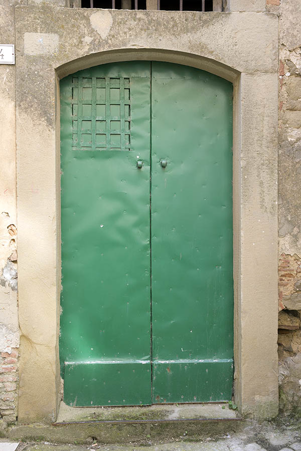 Photo 24650: Formed, green double door of boards covered with metal plate