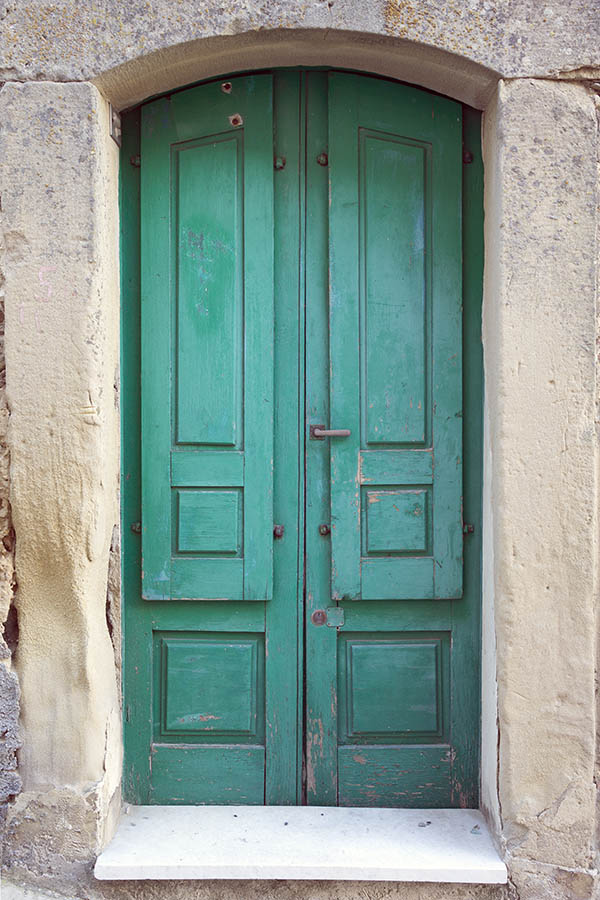 Photo 24700: Worn, formed, panelled, green double door