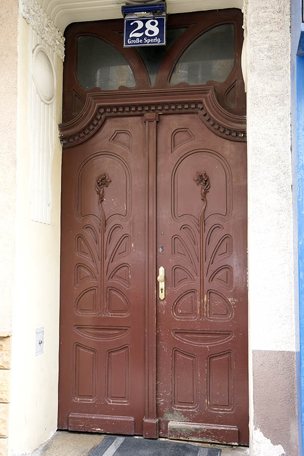 Photo 24899: Worn, panelled, formed, carved, brown double door with top window