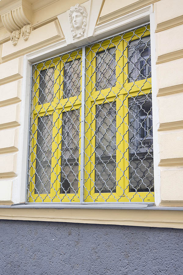 Photo 24911: Large, latticed, yellow plastic window with eight frames