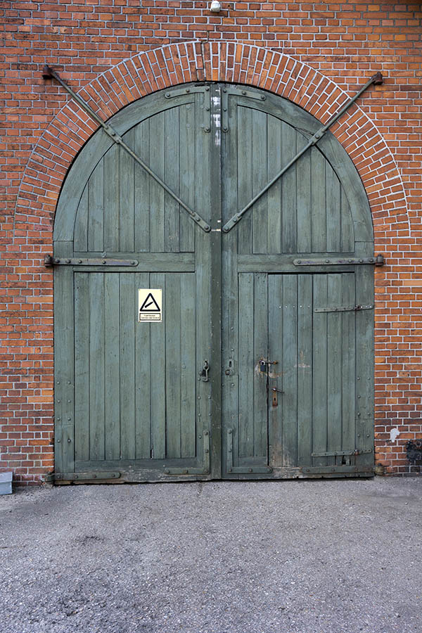 Photo 25002: Formed, panelled, green gate with minor door