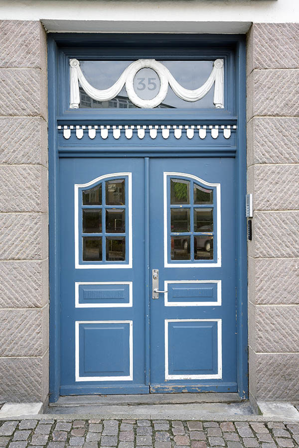 Photo 25224: Panelled, formed, carved, blue double door with door lights and top window