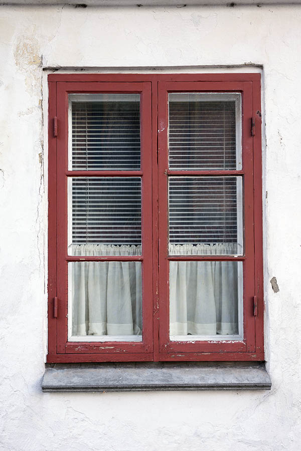 Photo 25307: Worn, red window with two frames and six panes