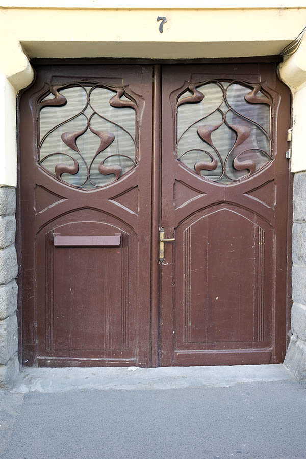 Photo 25548: Formed, carved, brown double door with latticed door lights