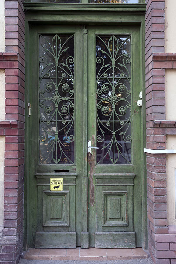 Photo 25561: Panelled, green double door with large, latticed door lights and top window
