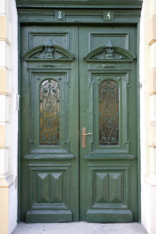 Photo 25567: Panelled, green double door with large, latticed door lights