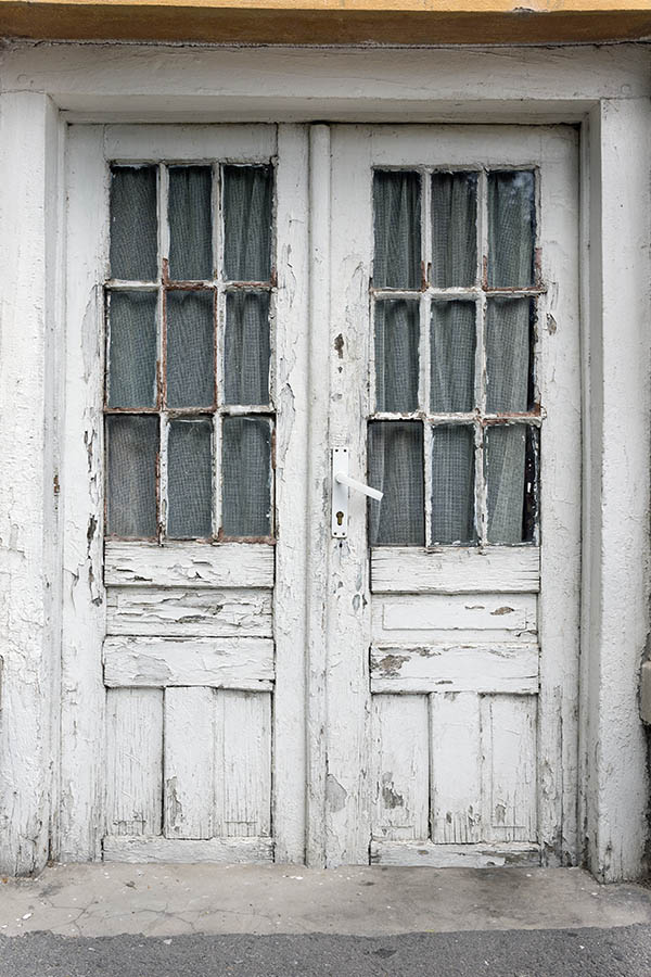Photo 25744: Decayed, little, panelled, white double door with large door lights