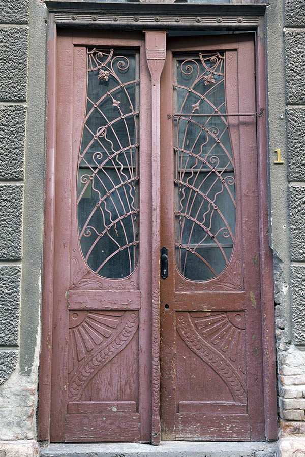 Photo 25824: Panelled, formed, carved, purple double door with latticed door lights