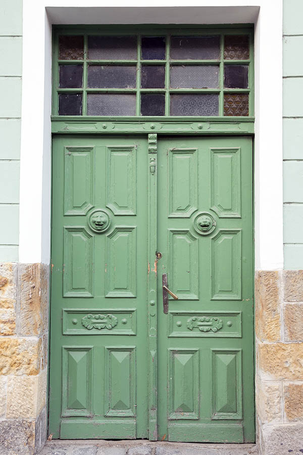 Photo 25879: Panelled, carved, lopsided, green double door with top window