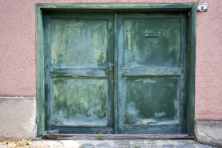 Photo 25994: Decayed, panelled, teal and green double door