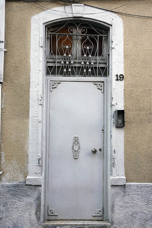 Photo 26463: Light grey metal door with top window and lattice