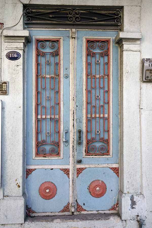 Photo 26619: Light blue, red and white double door with lattice and top window