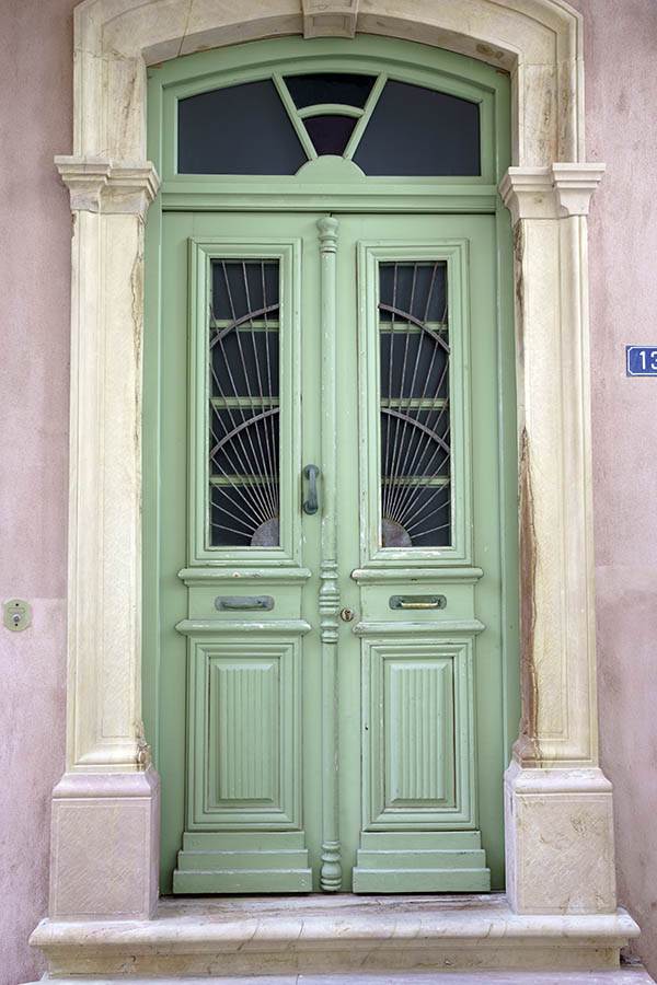 Photo 26727: Light green, panelled, latticed double door with top window