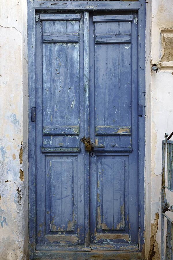 Photo 26805: Worn, narrow, blue double door of boards