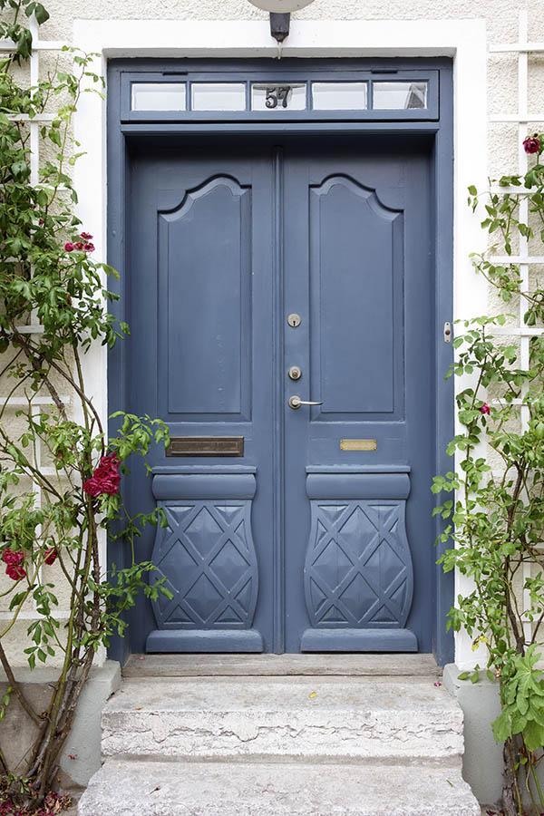 Photo 27107: Panelled, carved, teal double door with top window
