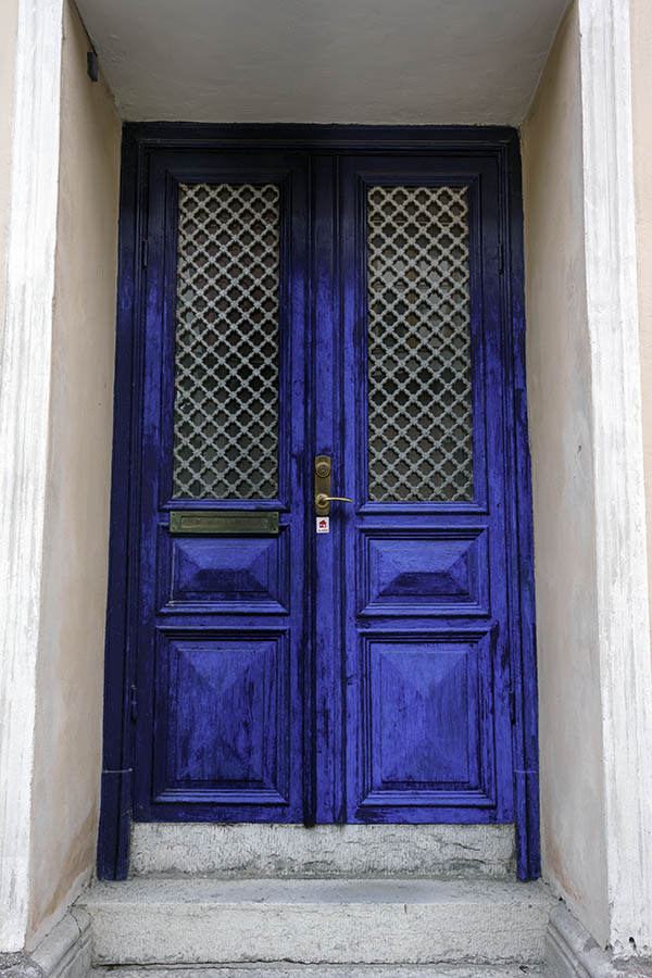 Photo 27178: Panelled, blue double door with grey, latticed door lights