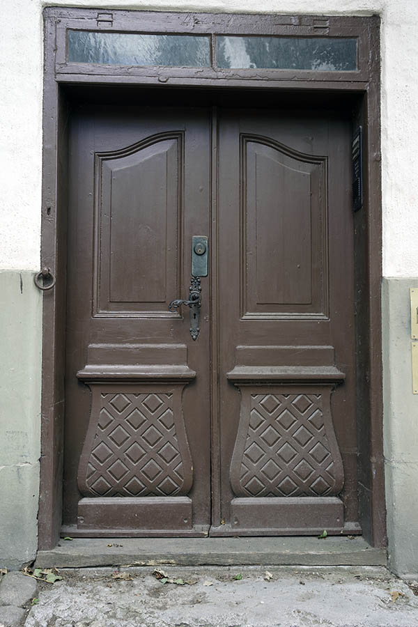 Photo 27273: Brown, panelled, carved double door with top window