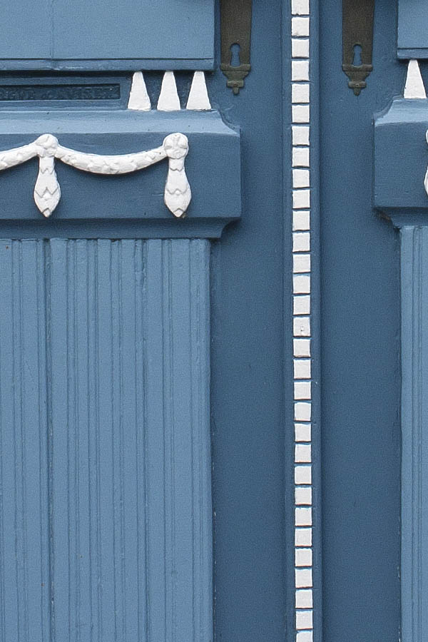 Photo 00421: Panelled, carved double door in blue and white colours