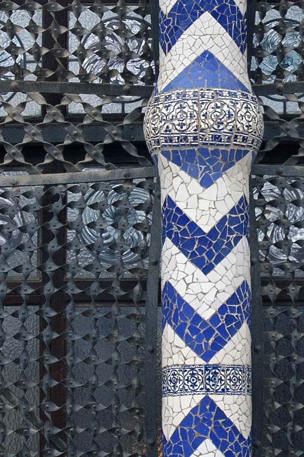 Photo 02500: Large, formed window with lattice and white and blue mosaic work
