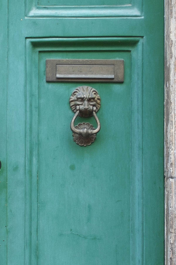 Photo 07904: Panelled, green double door with latticed top window