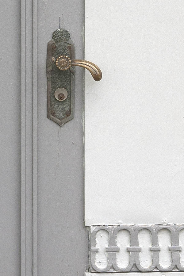 Photo 08323: Panelled, carved, grey and white double door with top window