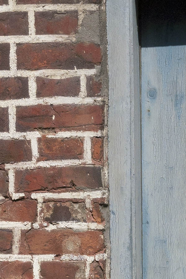 Photo 08769: Lopsided, panelled, decayed, light blue and white door with top window