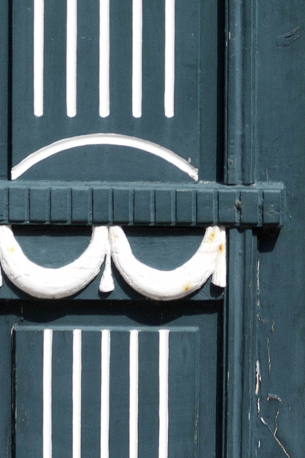 Photo 08870: Carved, panelled, teal and white double door with top window
