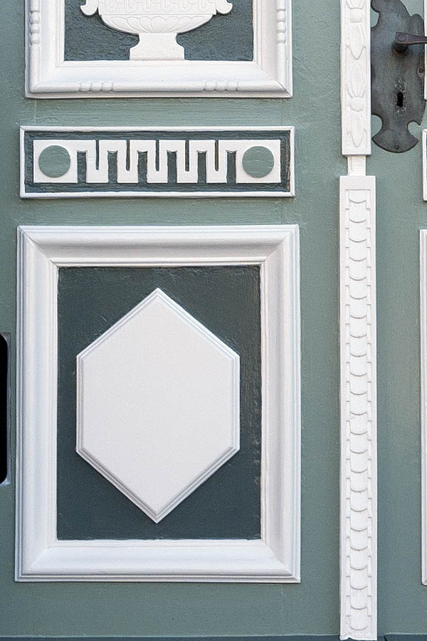 Photo 09612: Carved, panelled, teal, green and white double door