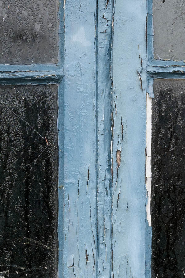 Photo 09657: Decayed, blue window with two frames and six panes