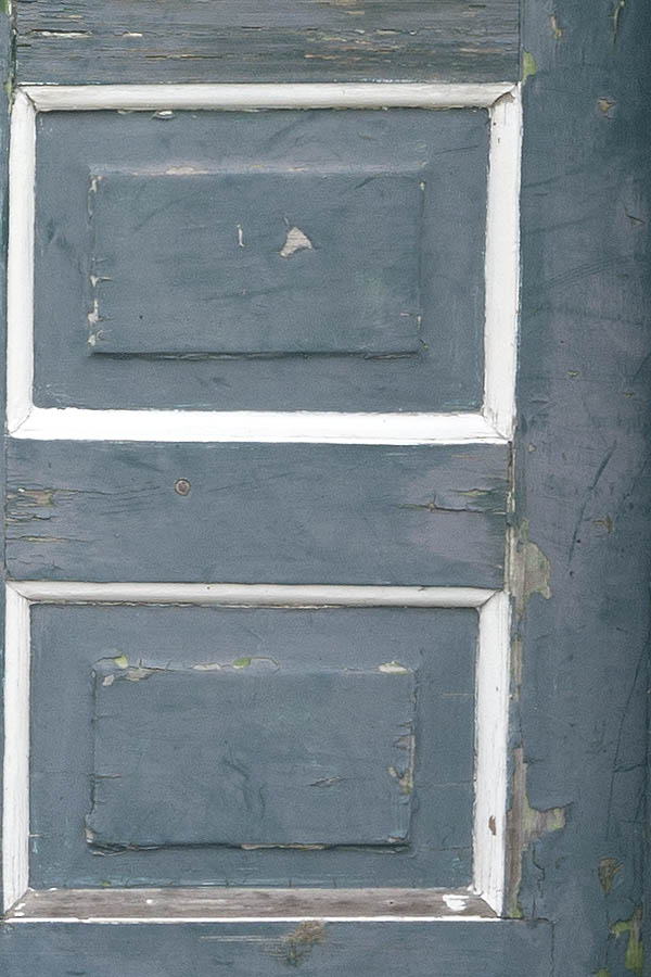 Photo 09684: Worn, panelled, teal and white double door with door lights