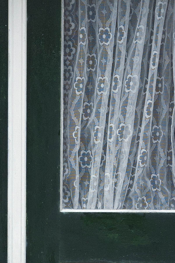 Photo 09763: Lopsided, carved, panelled, green and white double door with door lights