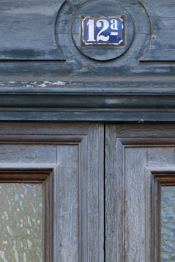 Photo 10799: Worn, panelled, teal, unpainted and brown double door with door lights