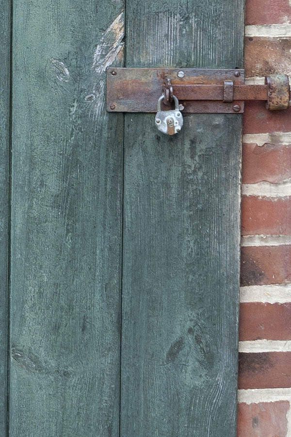 Photo 11773: Formed, green door made of planks leading to a garden