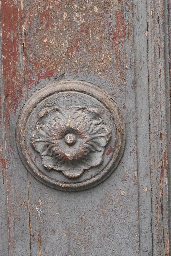 Photo 12215: Decayed, formed, panelled, grey and red door