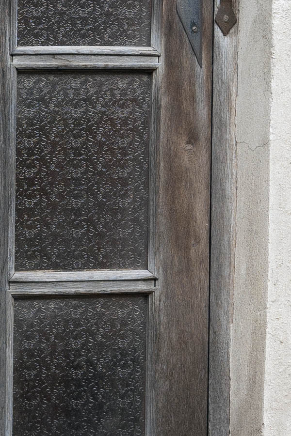 Photo 13317: Worn, unpainted door with sidepiece, top window and door lights