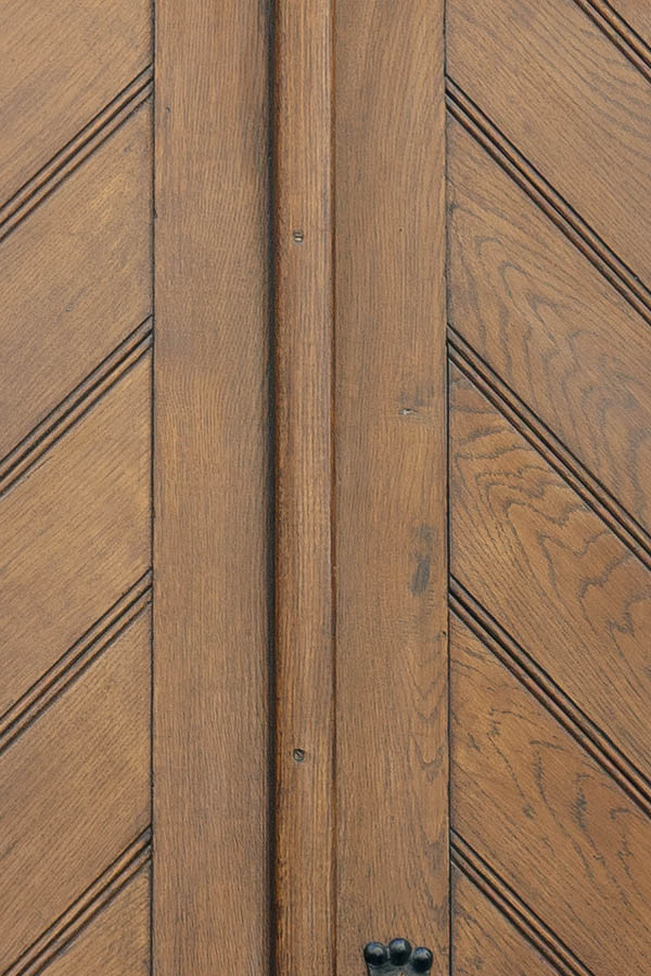 Photo 13462: Panelled, formed, oiled double door with latticed fan light