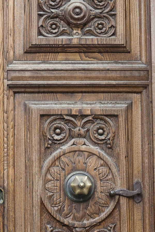 Photo 14969: Carved, panelled, oiled double door with latticed fan light
