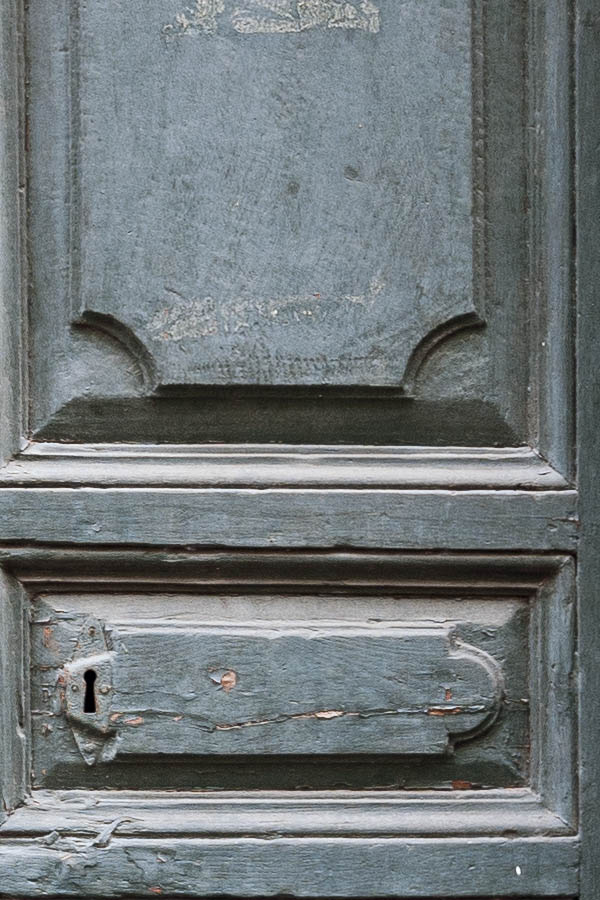 Photo 14983: Worn, panelled, carved, teal double door