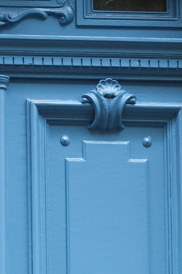Photo 15553: Panelled, carved, light blue double door with fan light